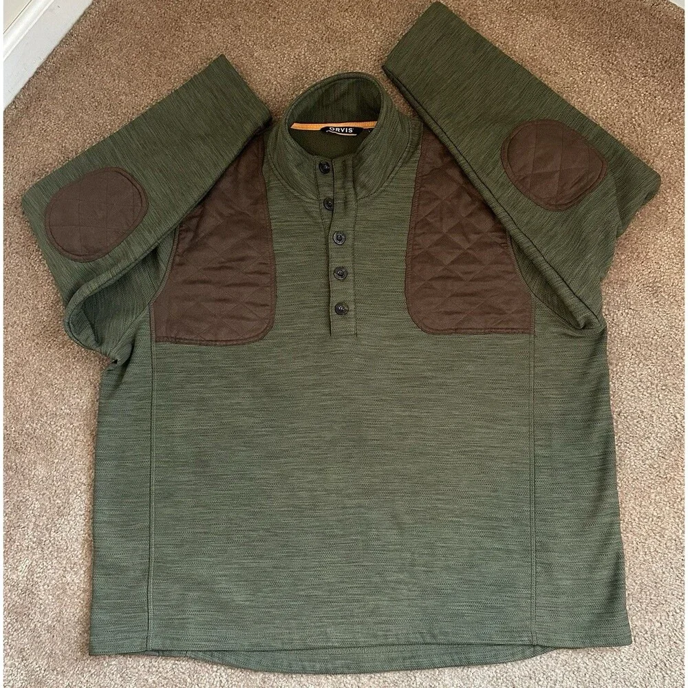 Orvis Sharptail Quarter Button Elbow Shoulder Patch Fleece Sweater Gray Size XXL